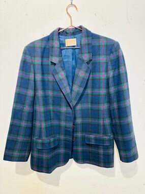 VINTAGE PENDLETON Green Blue Pink Tweed Virgin Wool Blazer Jacket Size 12
